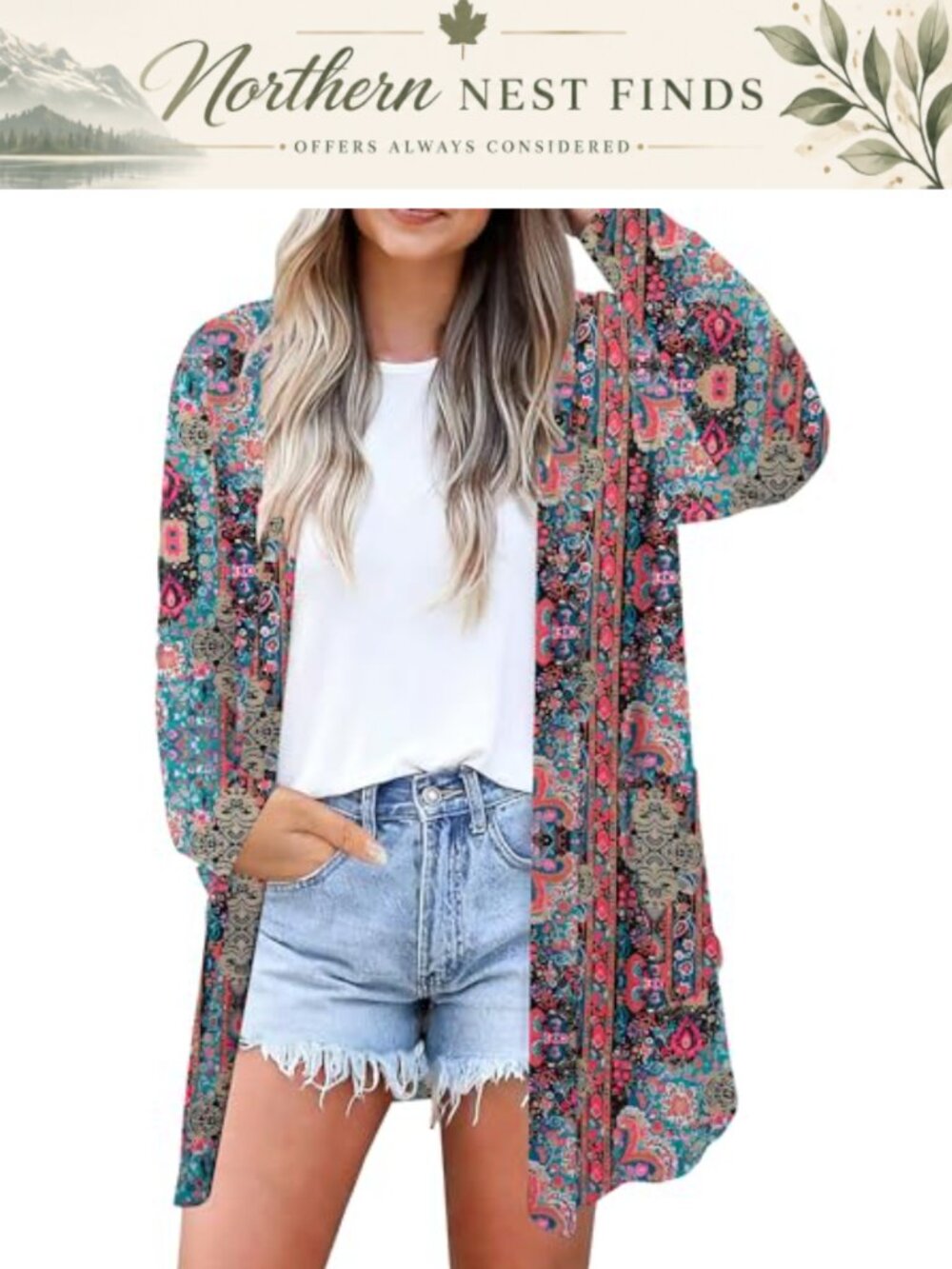 Open Front Lightweight Cardigan 3/4 Sleeve Eyelet Cuff with Pockets